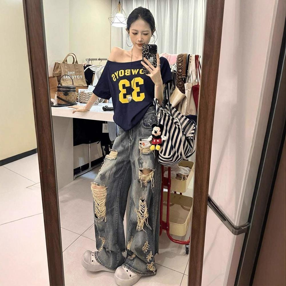 Scrap Earth Wind Splash Ink Broken Hole Jeans Female Autumn Big Yards Drape Straight Trailing Pants Retro Street Style Baggy Long Jeans for Ladies