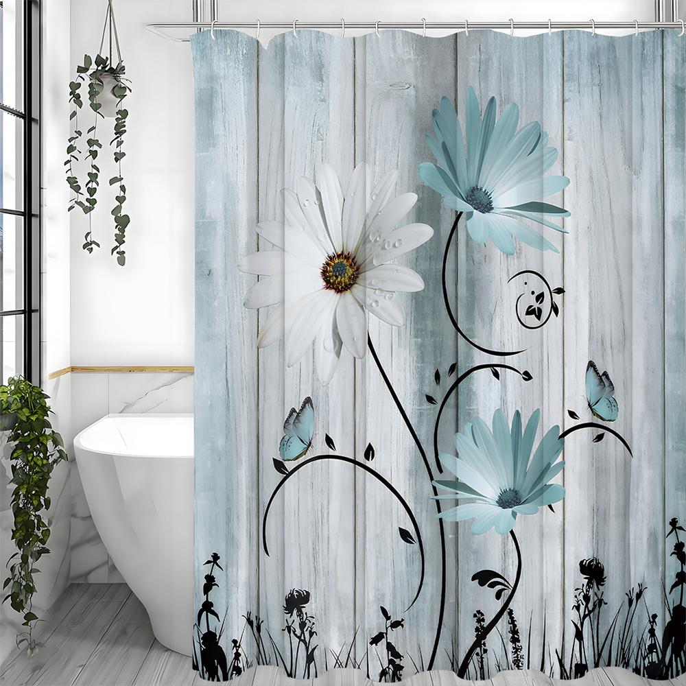 Blue White Daisy Flower Butterfly Wooden Panel Shower Curtain, Bathroom Decorative Shower Curtain, Waterproof Shower Curtain wit