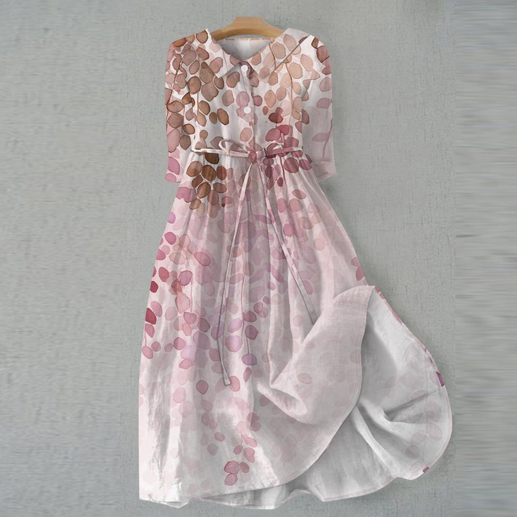 Women's Fashion Casual Printed Lapel Collar Button 3/4 Sleeve Clothing Straps Dress