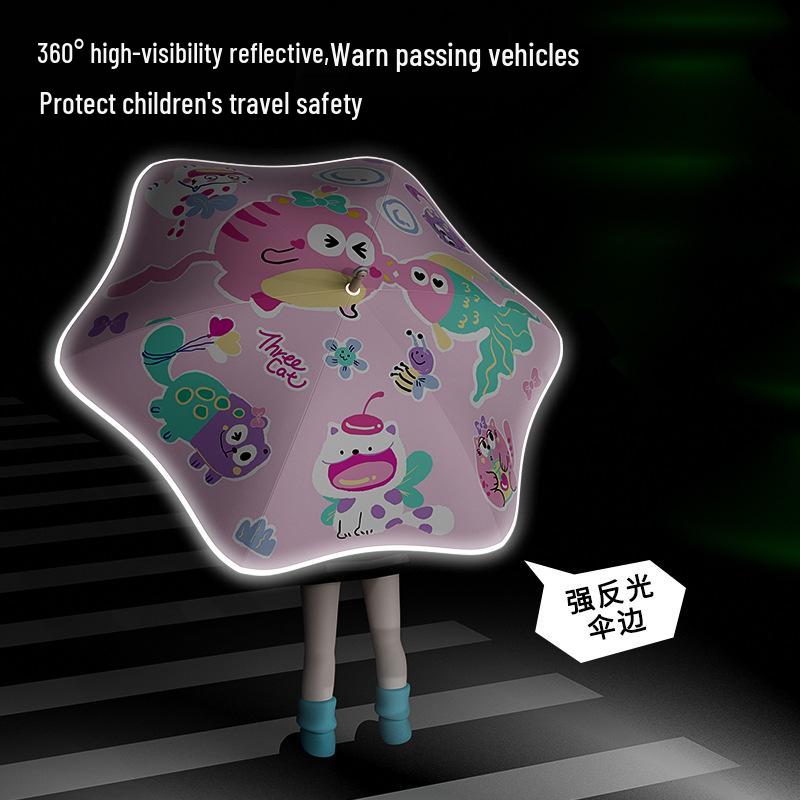 Children's Rounded Corner Umbrella: Long Handle, Automatic, Double Layer, Black Glue—Perfect for Sun and Rain.