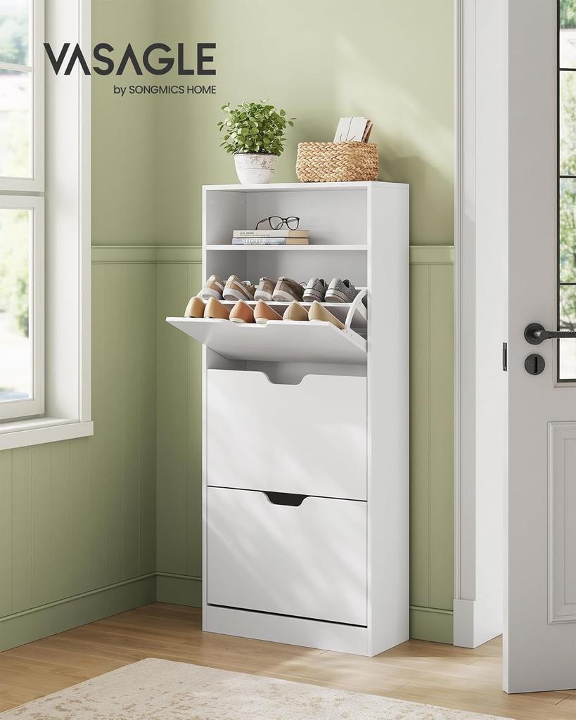 VASAGLE Shoe Cabinet with 3 Hinged Doors, Shoe Rack, Open Compartment, Adjustable Divider, 14 to 18 Pairs, for Small Entrance, 24 x 60 x 139 cm