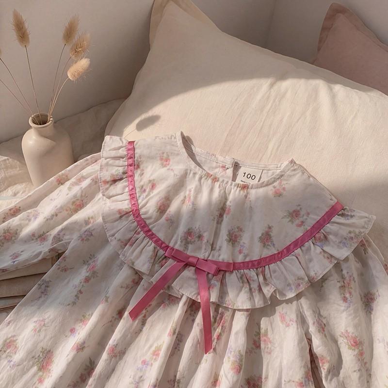 Girls Floral Print Ruffle Dress French Style Long Sleeve Cotton Princess 3-8 Years Old Kids