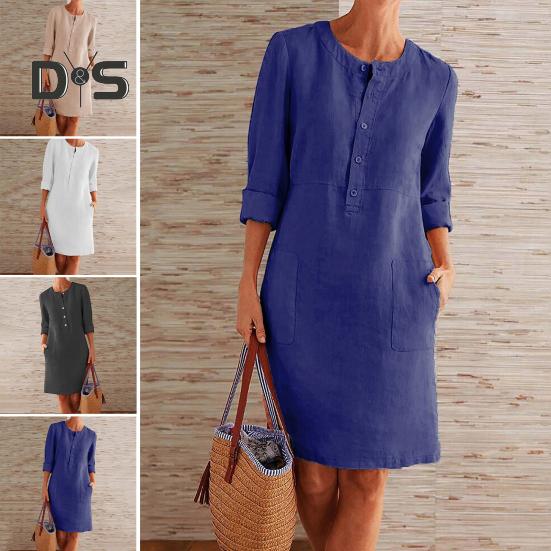 Podzim Jarní Dámské šaty s kulatým výstřihem Jednobarevné Knoflíky Volné Dlouhé rukávy Nášivka Kapsa Délka ke kolenům Neformální šaty na denní nošení