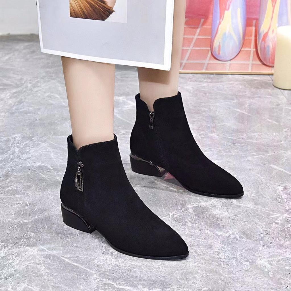 Pointed short boots fashion boots women's new black sheepskin coarse heel cotton boots two heights