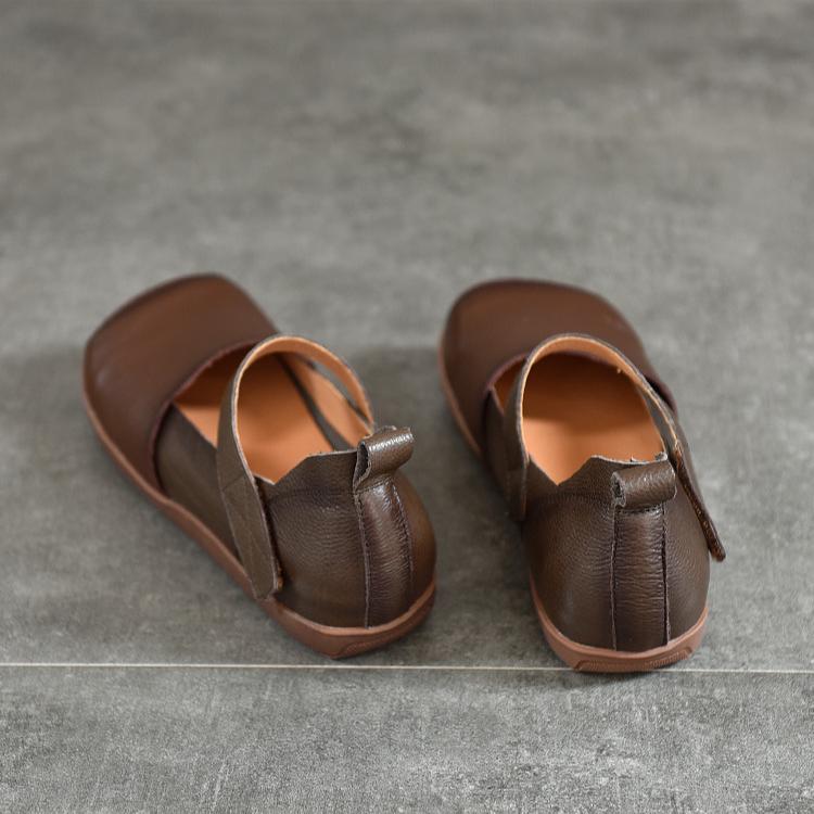 Johnature Retro Genuine Leather Square Toe Flat Shoes Soft Sole Handmade Solid Color Women's Shoes
