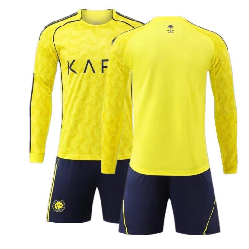 2026 Riyadh Home Soccer Jersey Long Sleeve Kit Mens Football Uniform Size S-3XL Yellow Striped Ronaldo 7