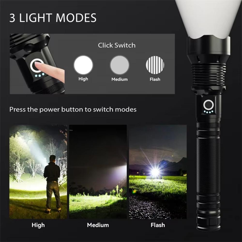 Super Bright Rechargeable XHP70/XHP50 LED Flashlight Zoomable Waterproof Tactical Torch 3 Modes Powerful for Camping Hiking