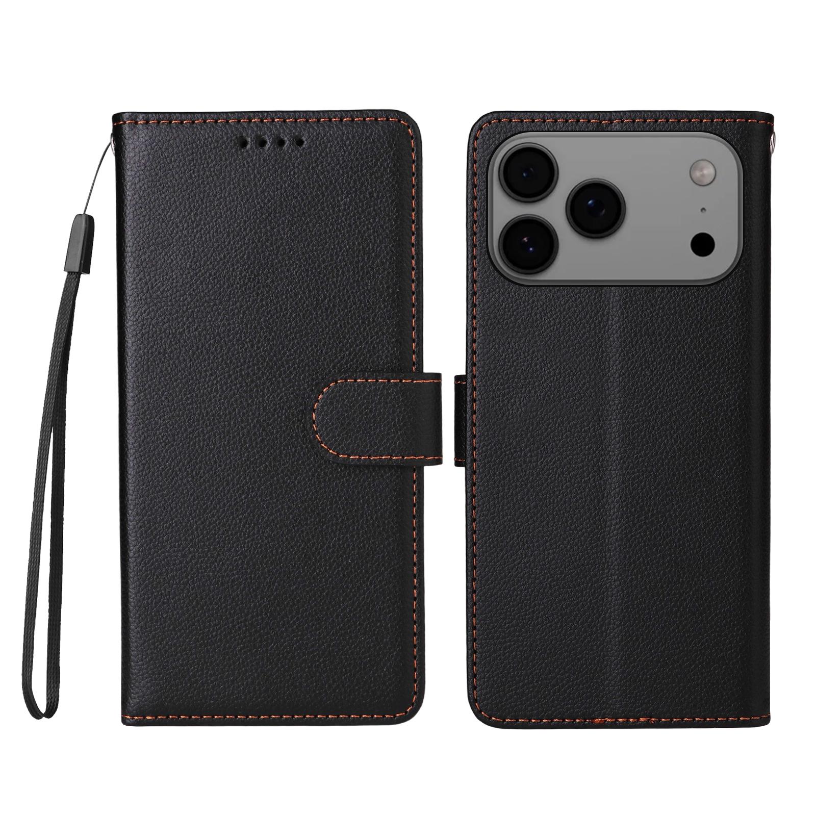 

For iPhone 17 Pro Max Case RFID Blocking 3 Card Slots PU Leather Phone Cover with Wrist Strap Black