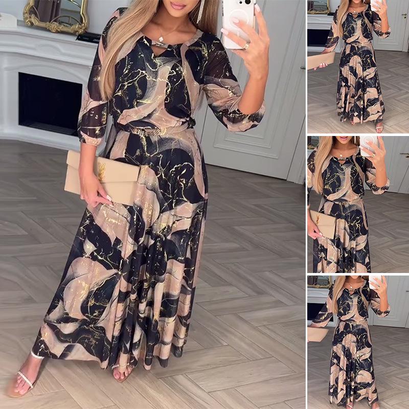 2025 Europäische & Amerikanische Mode Florales Siebenärmeliges Taillenraffungs-Kleid für Damen.