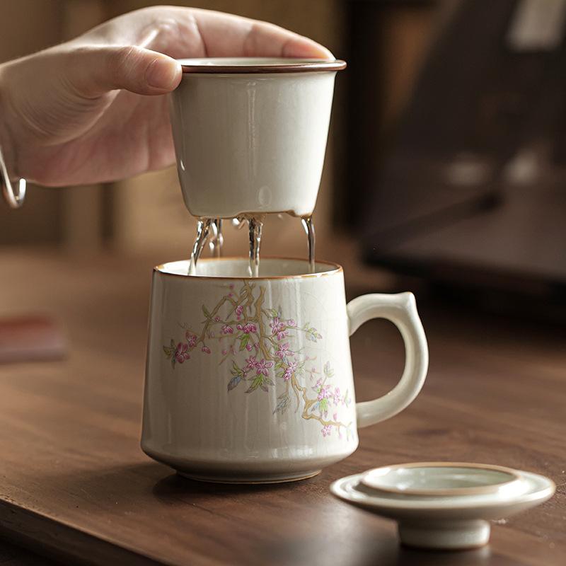Peach Blossom Spring Yellow Ru Kiln Office Mug with Filter Simple Tea Cup Ceramic Cup Tea Water Separation