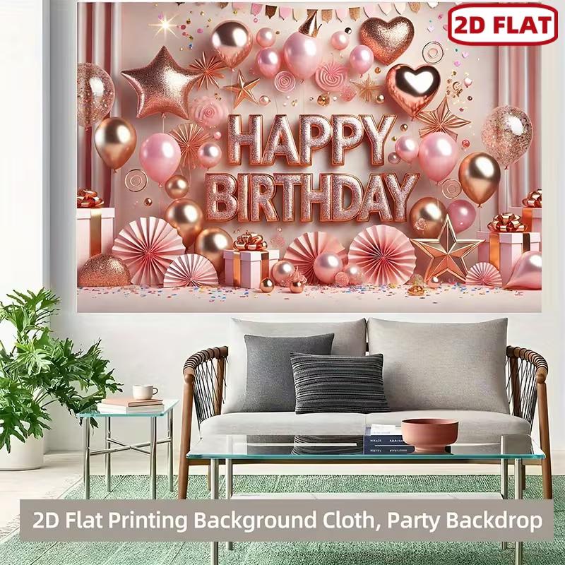 2D FLAT Banner Rose Gold Balloon Happy Birthday Party Backdrop with Confetti