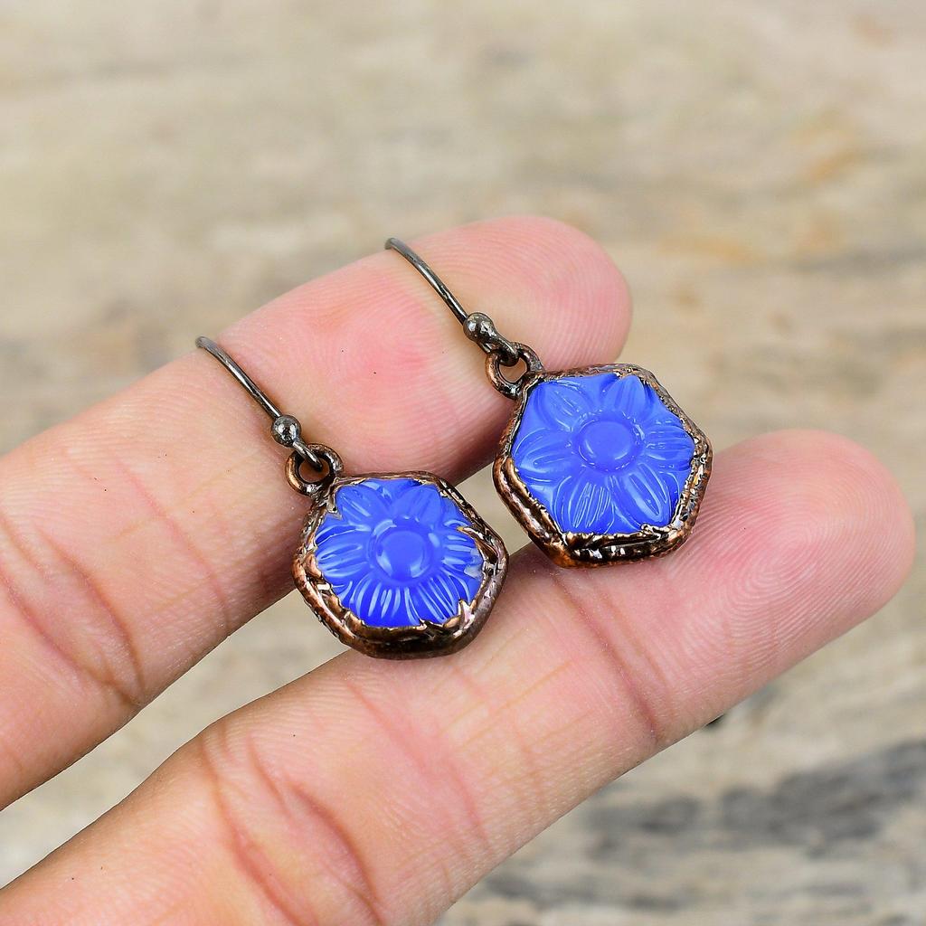 Carved Blue Onyx Earring Electroformed Copper Earrings Handmade Jewelry Genuine Gemstone Earring Electroformed Copper Jewelry Gift For Women