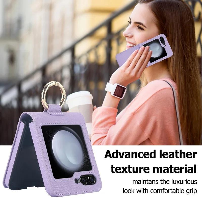 Cross Grain Leather Ring Phone Case for Samsung Galaxy Z Flip 6 5 4 3 Flip5 Flip4 Flip6 Wallet with Card Holder Shockproof Cover