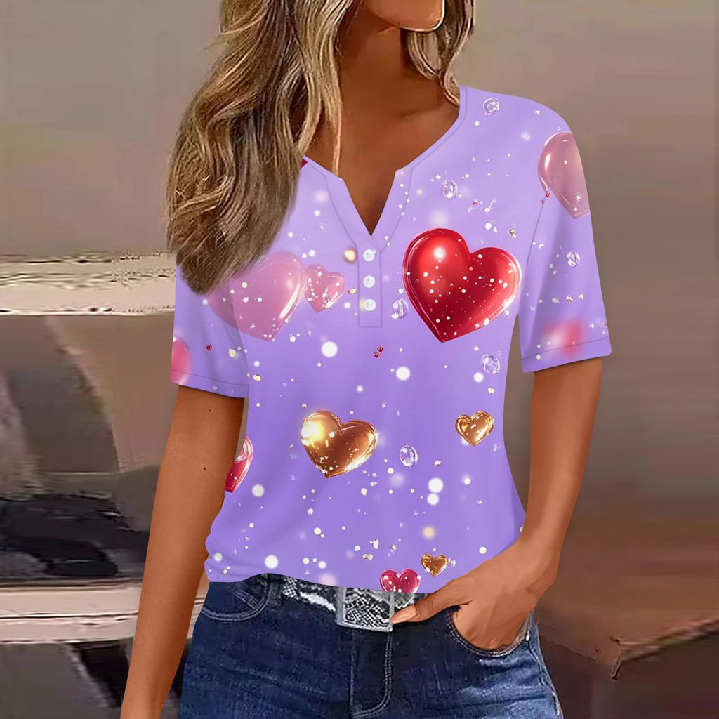 Women's T Shirt Tee Print Button Short Sleeve Daily Weekend Fashion Basic V, Neck Regular Top Valentine's Day