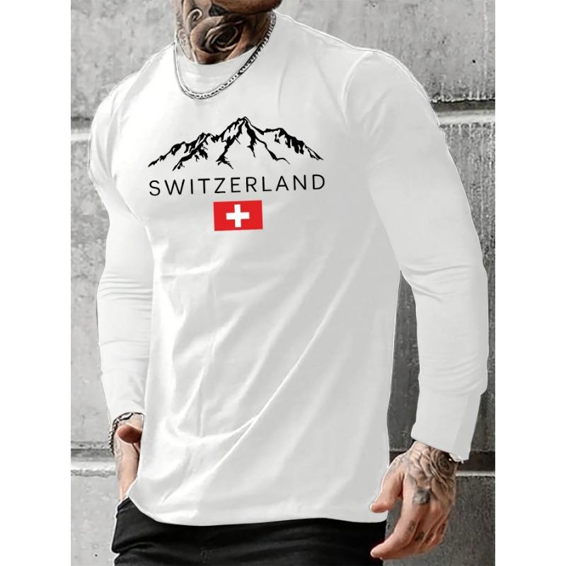 SWITZERLAND Men's Long Sleeve round Neck T-Shirt Swiss Snow Mountain Print Loose Fit Casual Versatile Top for Spring Autumn