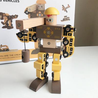 Kids Wooden Track Engineering Car Puzzle Creative DIY Magnetic Transforming Vehicle Robot Fine Motor Toys Gifts For Boys Girls