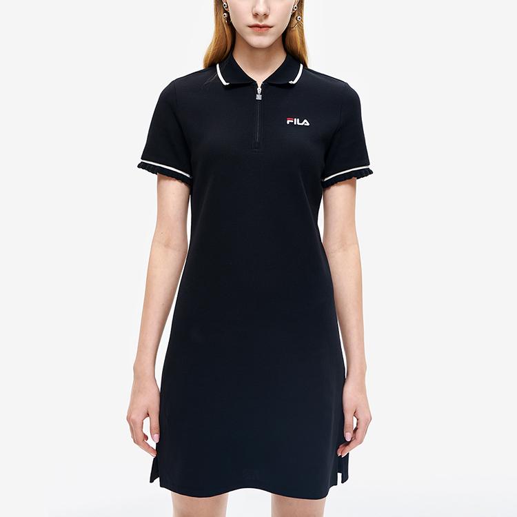 Fila Solid Color Casual Sports Polo Dress Women Dresses Black F11W228301FBK