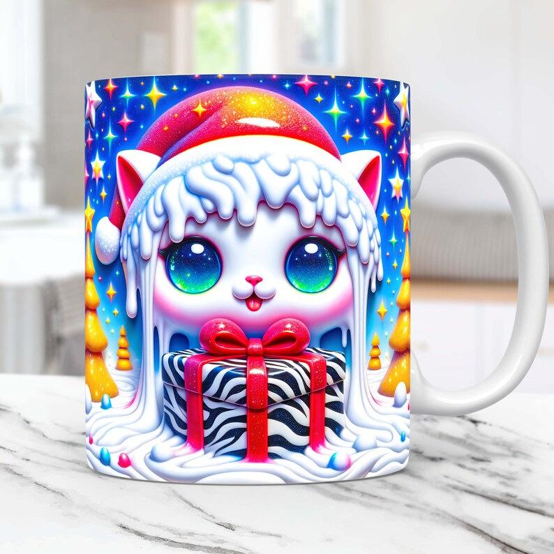 3D Schwarze Katze Schwarze Katze Keramik Kaffee Tasse Highland Rind Weihnachtsmütze Kuh