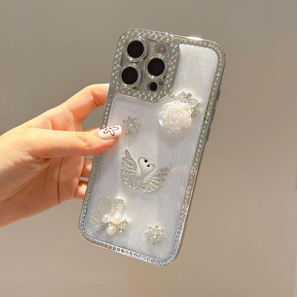 Electroplated Silver Rhinestone Swan iPhone Case for 13/14/15/16/17 Pro Max