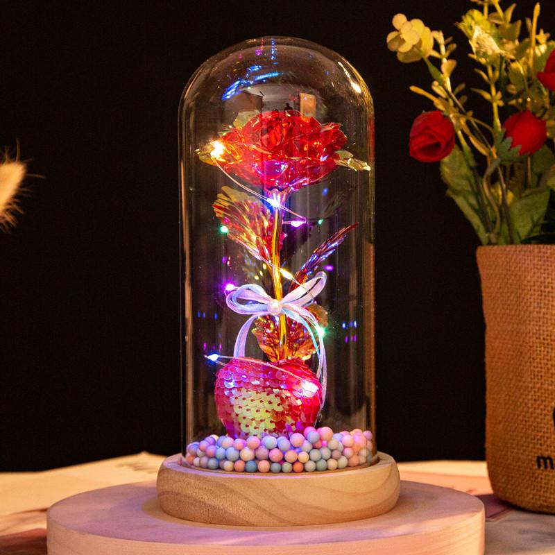 Love glass cover gold leaf flower ornament, creative mother's Valentine's Day gift, luminous simulated rose bouquet