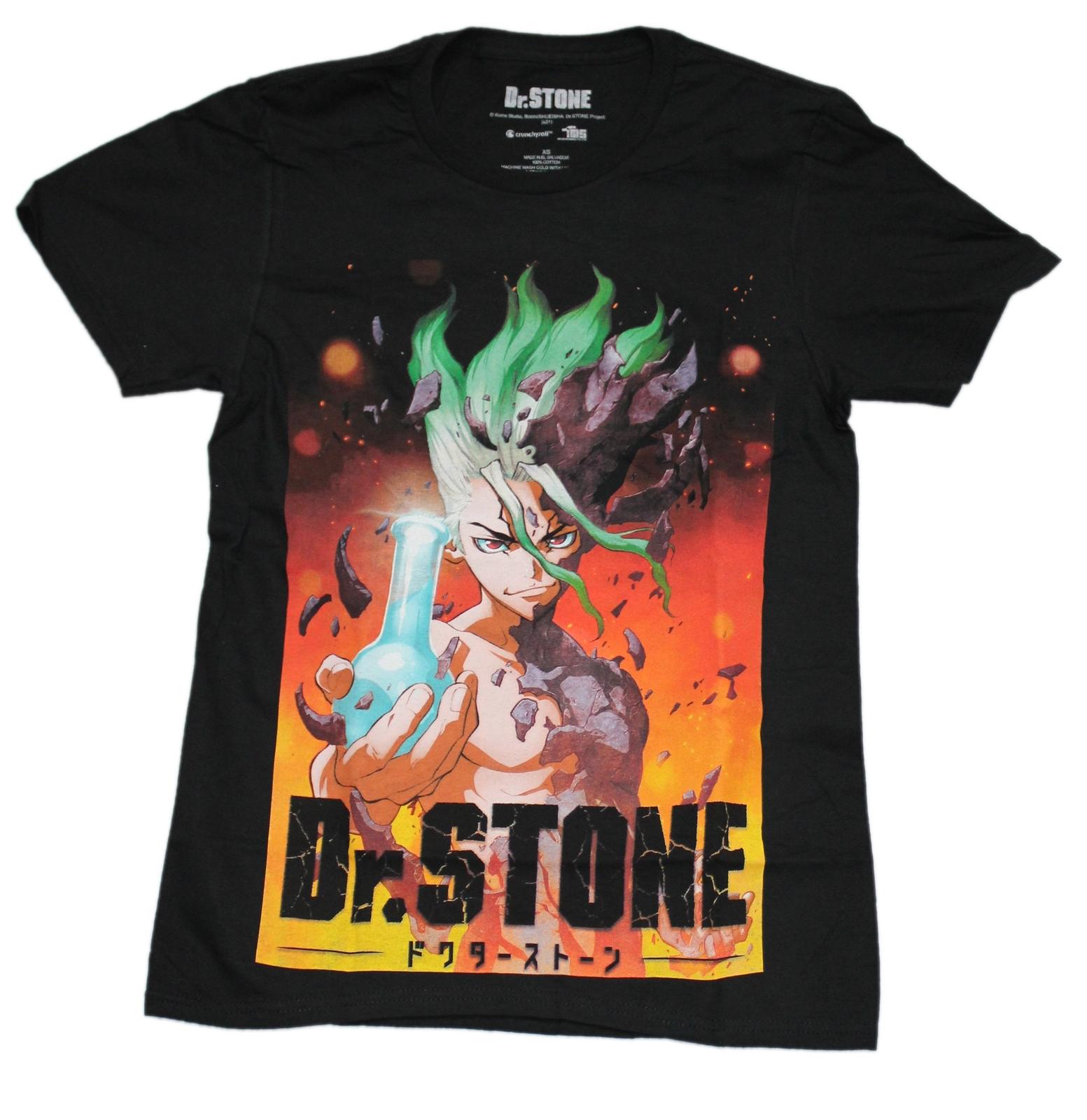 Dr. Stone New Adult T-Shirt - Senku Holding Beaker Over Logo XXL