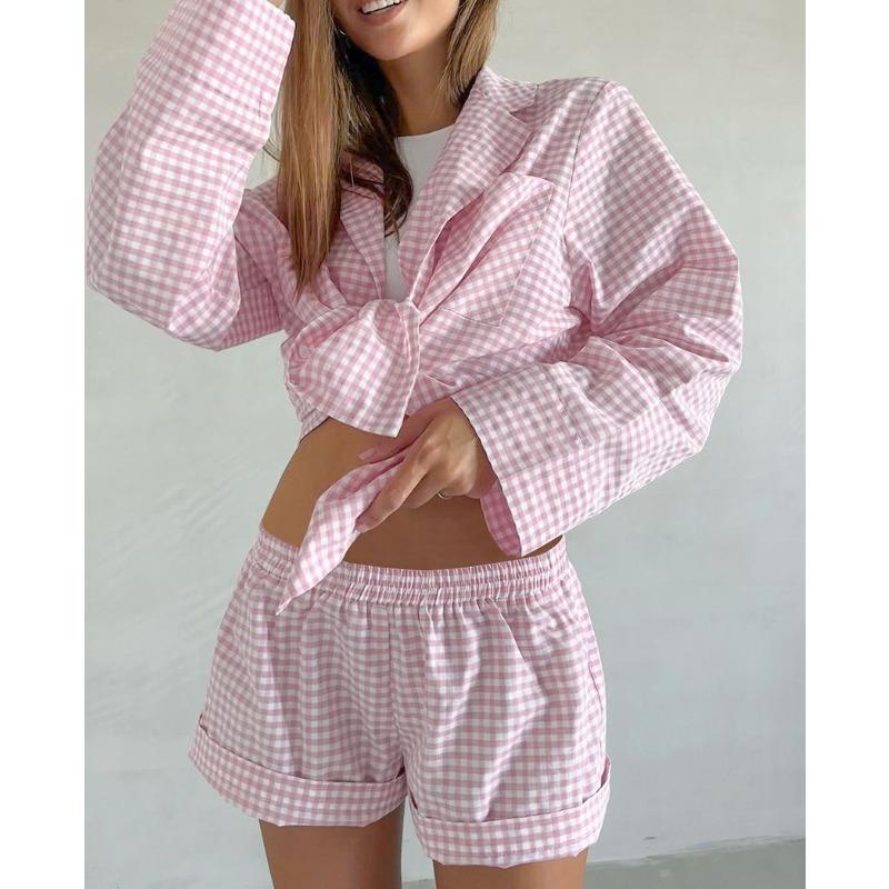 Summer Casual Cardigan Two-piece Set in Large Size, Loose and Check Pattern, Women's Outfit