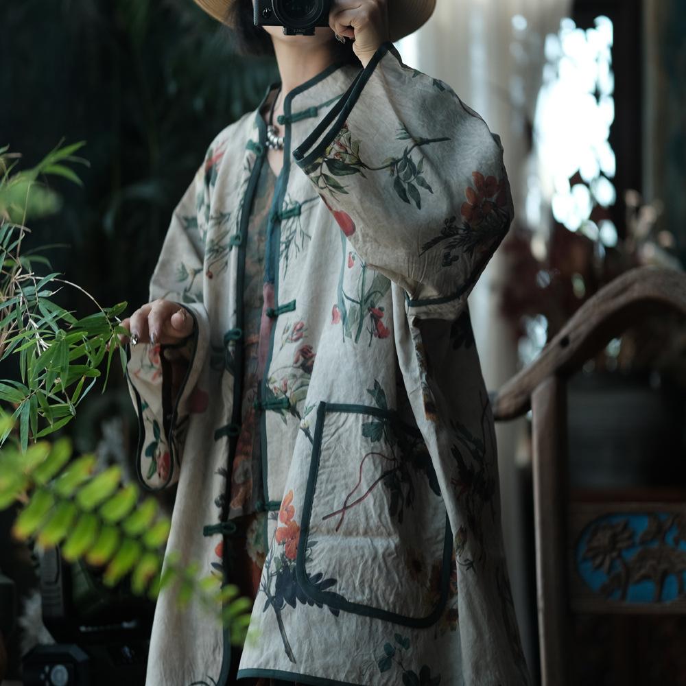 Johnature Women Vintage Print Floral Shirts Tops Print Floral Linen Blouses Spring Stand Long Sleeve Women Shirts