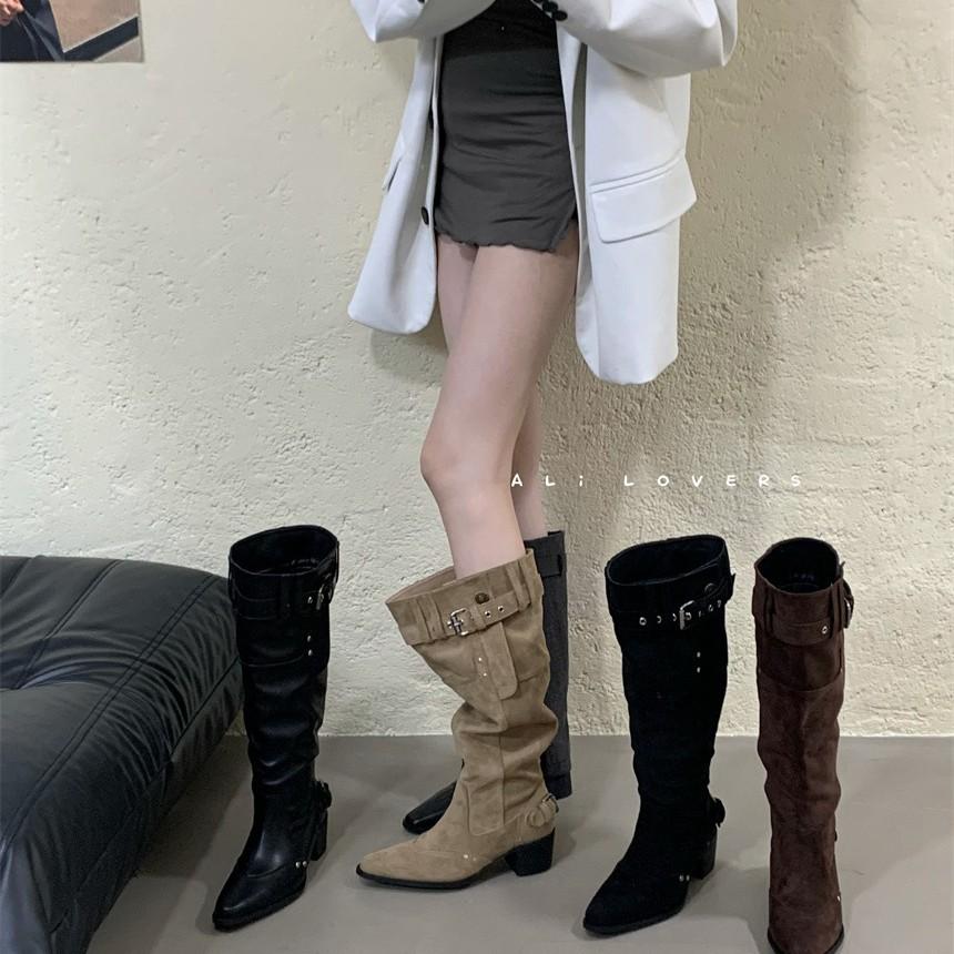 2025 New French Pointed Belt Buckle Wide Tube Thin European and American Style Thick Heel Boots Street Style Wear