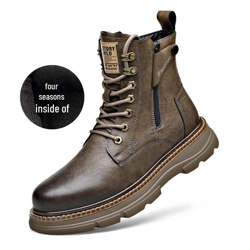 Men's Genuine Leather Mid-Cut Martin Boots - Trendy, All-Match, High-Top with Velvet Lining for Autumn and Winter