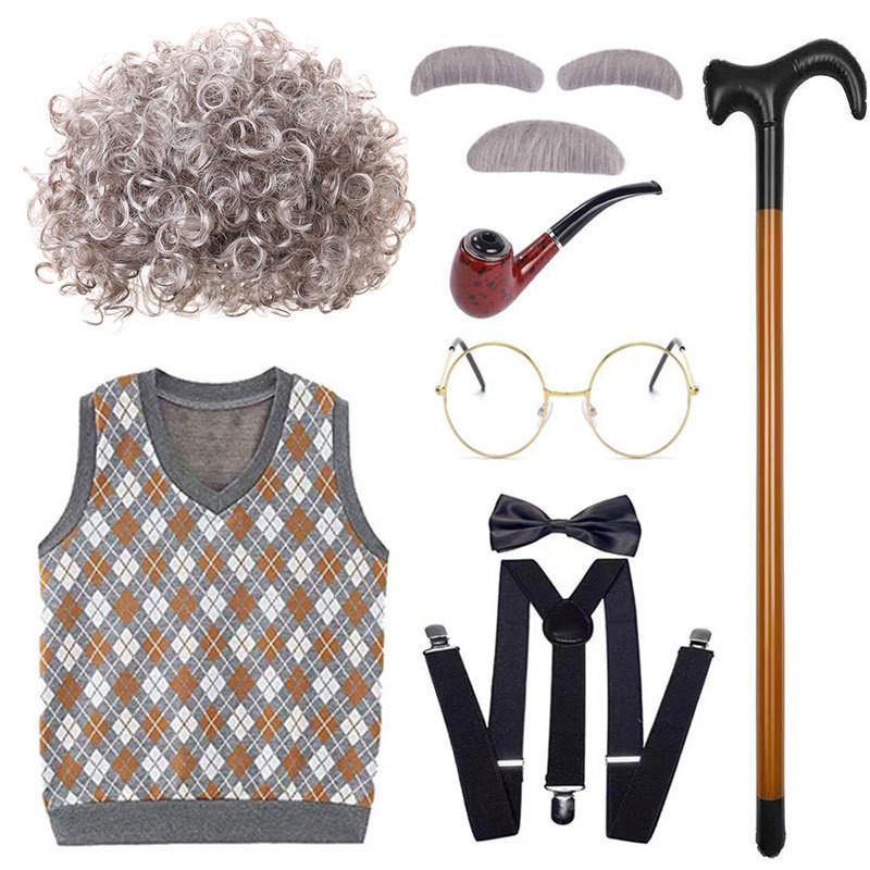 Classic Grandfather Costume Wig Set Featuring Short Soft Curly Hair And Stylish Vest For Kids