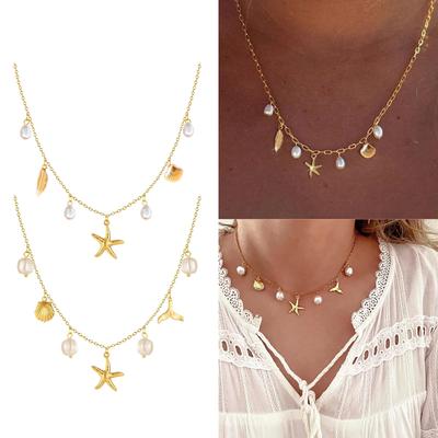 Κολιέ Εμπνευσμένο από τον Ωκεανό με Μαργαριτάρια Κέλυφος Μενταγιόν Αστερία Κοσμήματα από Ανοξείδωτο Ατσάλι για Γυναίκες