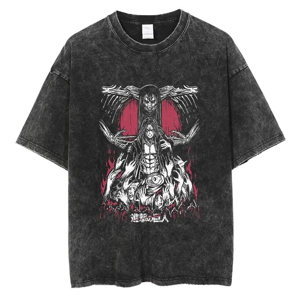 Eren Jager Attack on Titan Summer Streetwear Washed T-Shirt Anime Graphic Print TShirt Men Harajuku Cotton Oversize Vintage Tee