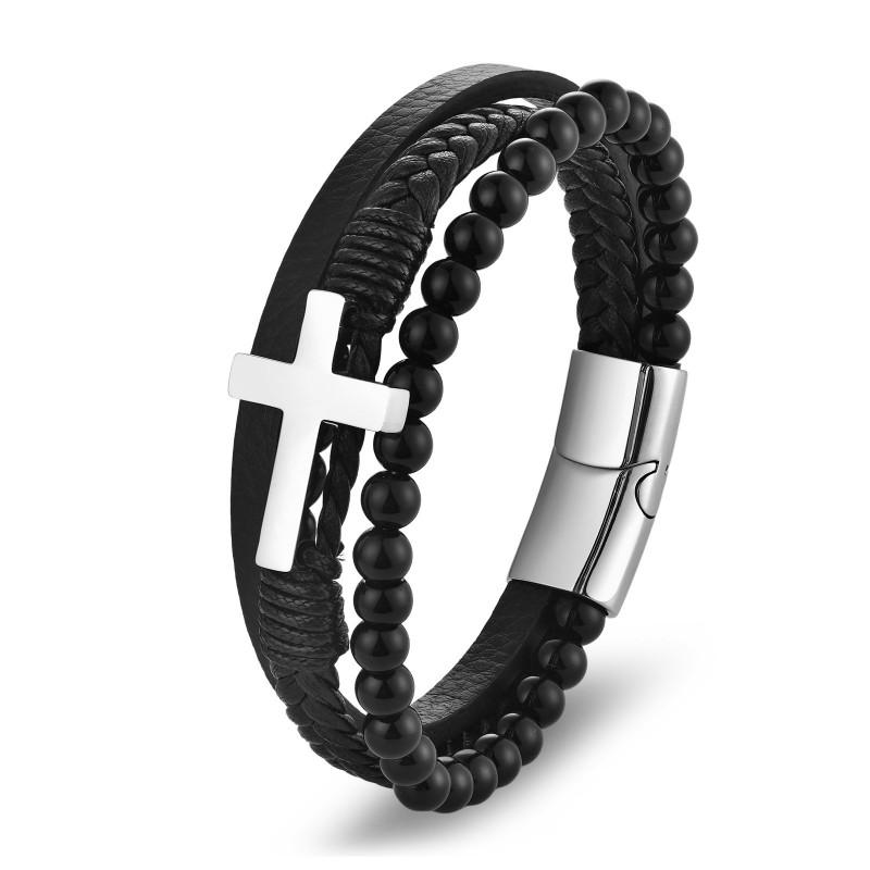 Herren Edelstahl Kreuz Anhänger Geflochtenes Kunstleder Armband Street Style Geometrischer Charm Armband Tägliches Tragen