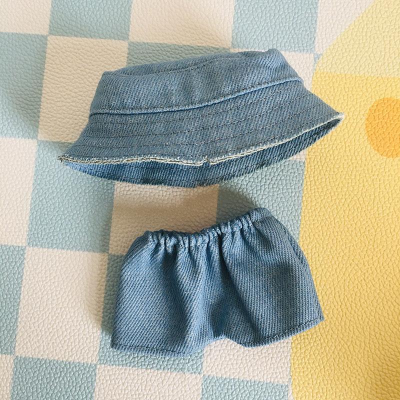 

Только одежда, 17 см холщовая подвеска одежда, украшение Лабубу, шляпа рыбака, джинсы, наряжание куклы, одежда для куклы 1 set