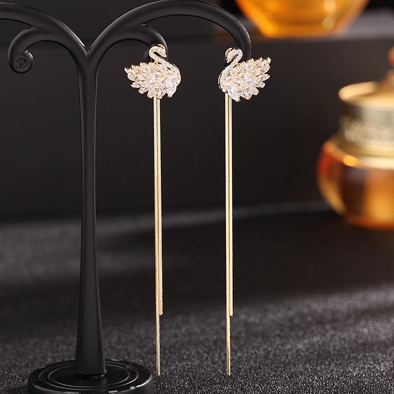 Quality Two Tassel Swan Earrings, New Trendy Black Swan Earrings, 925 Silver Needle Long Earrings