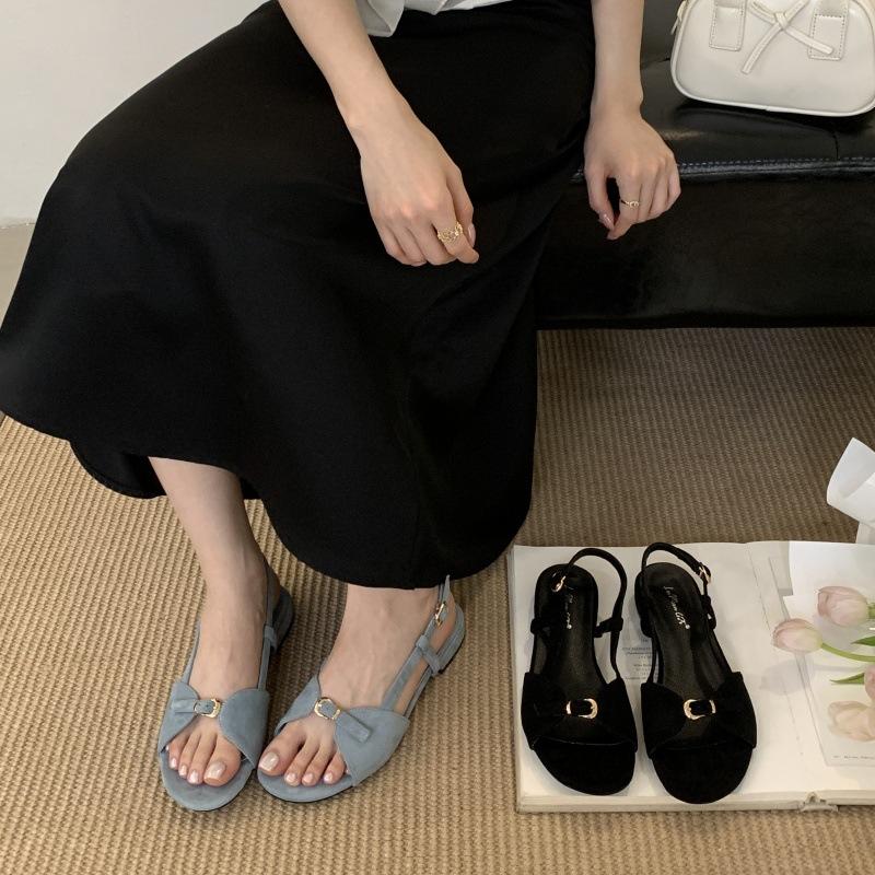 Korean Version of Flat-bottomed Suede Open-toed Sandals for Women 2025 Summer New French Fairy Wind Word with Roman Sandals for Women