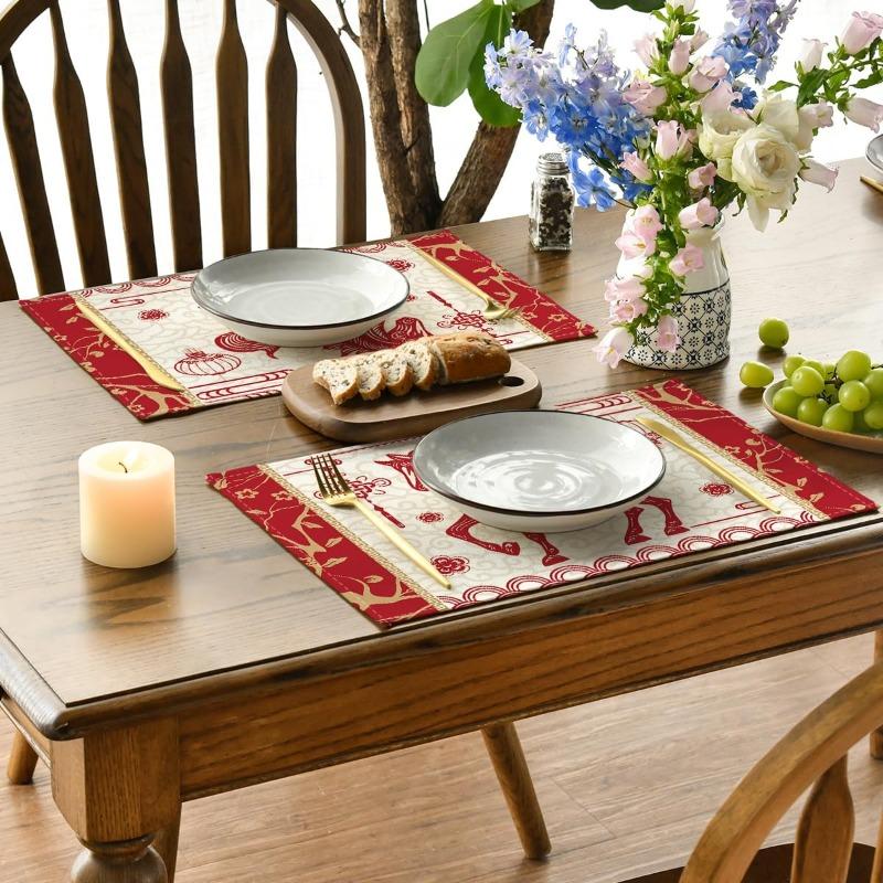 Animal Horse Print Linen Placemats Dishes Anti-slip Mat Paper-cut Style Home Desktop Decoration Suitable for New Year Party