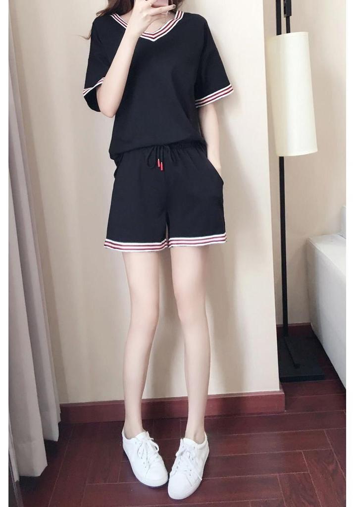 200 Jin Plus Size Women's Casual Summer Suit, Korean Style, Black Loose-Fit Short Sleeve Shorts Two-Piece Set