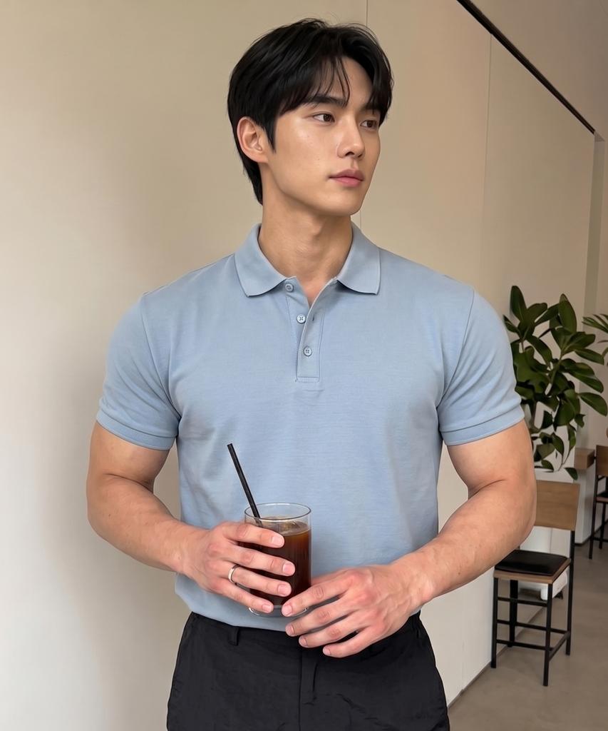 HERVINO Basic Cool Cotton Collared Short Sleeve Tee [Sky Blue] (Type B)