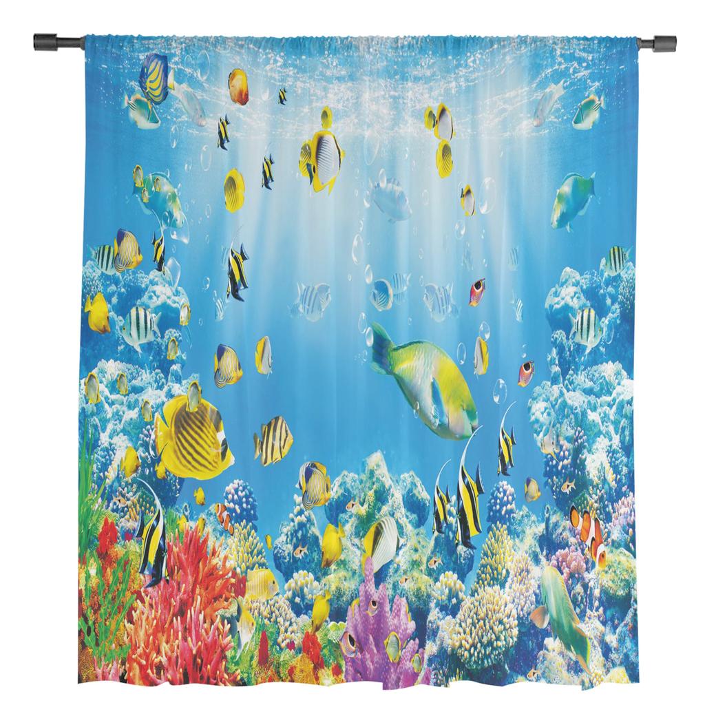 Marine Life Fish Coral Bubbles Tulle Curtains For Living Room Home Decor Window Curtain Kitchen Sheer Voile Curtain