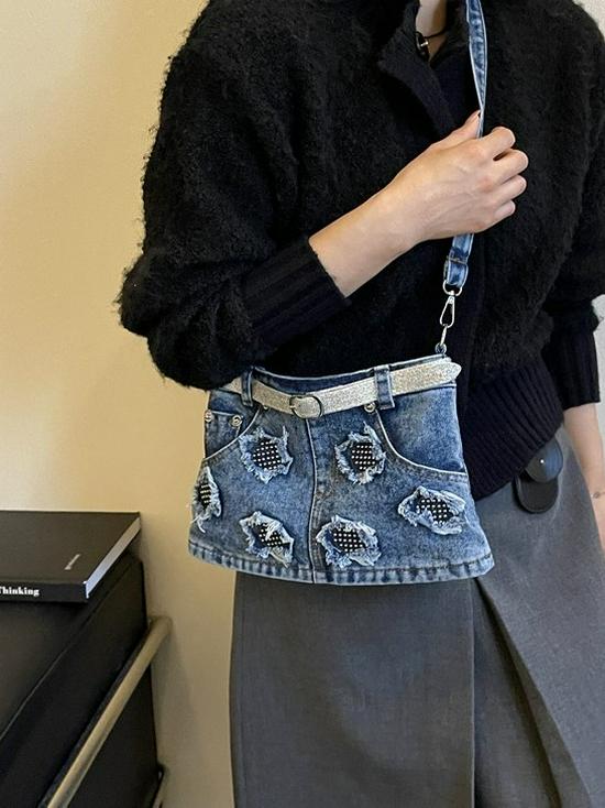 Cross-border Tassel Patchwork Denim Crossbody Bag - Trendy Single Shoulder Skirt Bag for Work or School.