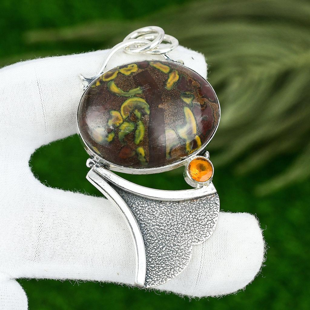 925 Silver Natural Fruit Jasper Honey Topaz Engagement Bezel New Wedding Pendant