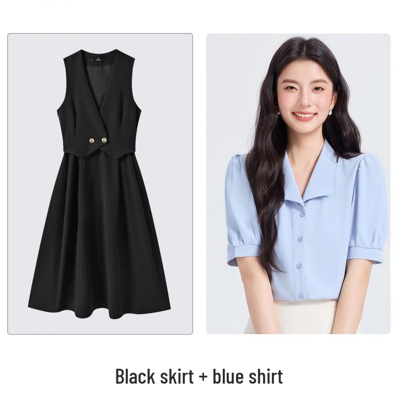 Age-Defying Preppy Vest Dress Set for Female College Students - Ideal for Exams & Interviews, Includes Shirt and Vest Dress