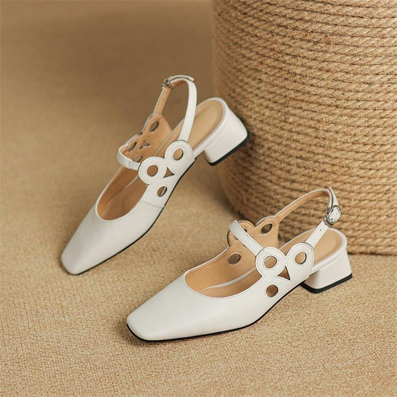 Fashion New Summer Sandals Cover Toe Sandals for Women Split Leather Sandals Fashion Hollow Out Square Toe Chunky Heels Women Shoes