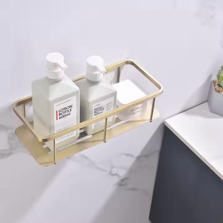 Dual-Tier Wall Mounted Stainless Steel Bathroom Organizer Brushed Gold Kitchen Storage Rack Caddy Basket Corner Mounted Shelf
