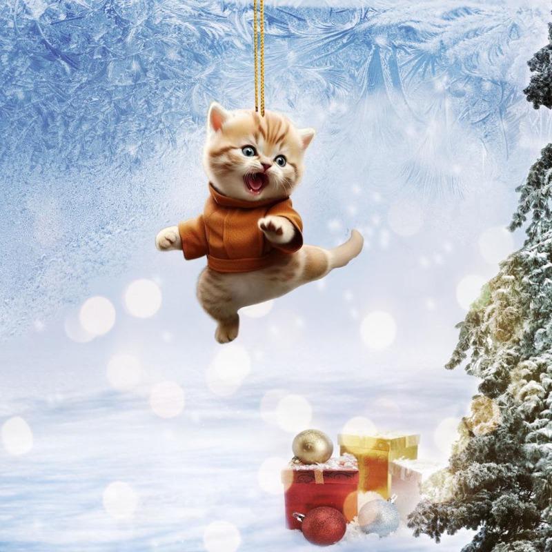 New Plane 2D Christmas Creative Kung Fu Cat Christmas Home Car Pendant Christmas Tree Decorations Acrylic Flat Pendant Wallet Pendant
