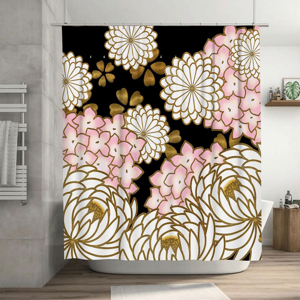 Luxury Floral Shower Curtain Set Black Gold, Pink White Waterfall Print Bath Mat Decor For Bathroom Home Decoration Accessories