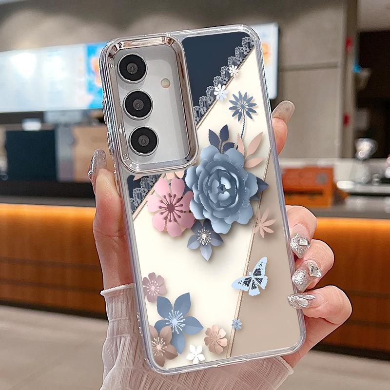 Romantic Rose Flower Pattern Case For Samsung S26 S25 Ultra S24 FE S23 Plus S22 S21 A15 A16 A17 A35 A36 A37 A54 A55 A56 A57 5G Plating Lens Soft Cover