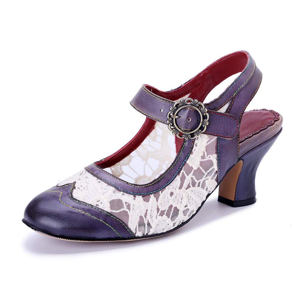 

Johnature Women s Shoes Genuine Leather Retro Splicing Lace Comfortable Middle Heel Sandals 42 серый