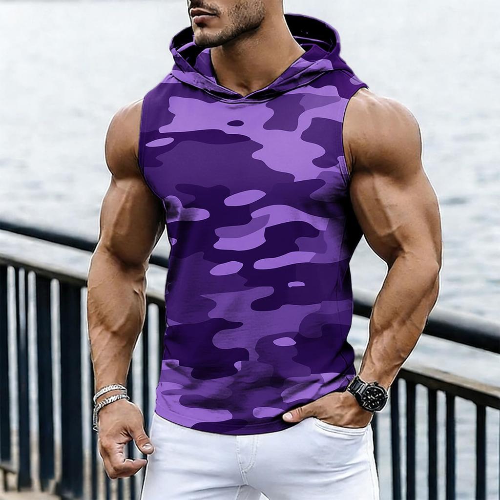 Men's Casual Fashion Printed Sleeveless Hooded Tops | Lightweight Summer Hooded Tank Tops